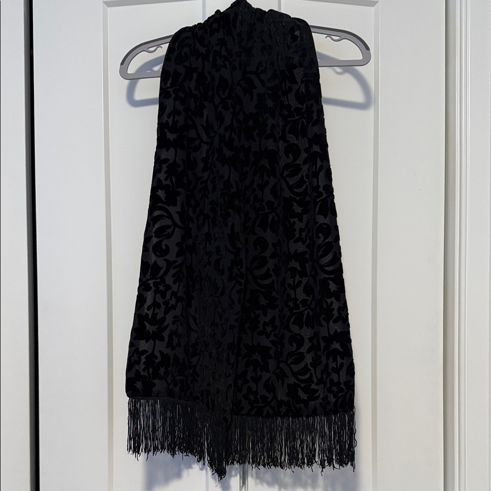 Elegant Black Floral Scarf with Fringe